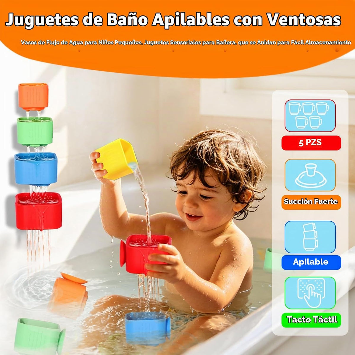 Juguetes de baño con ventosa para niños pequeños: 5 piezas de vasos...