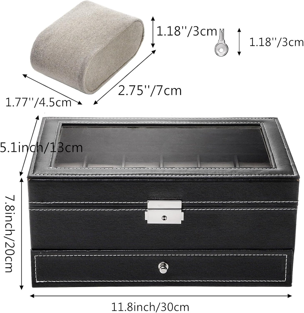 Tebery Caja de reloj de 12 ranuras con tapa de cristal, 2 capas de...