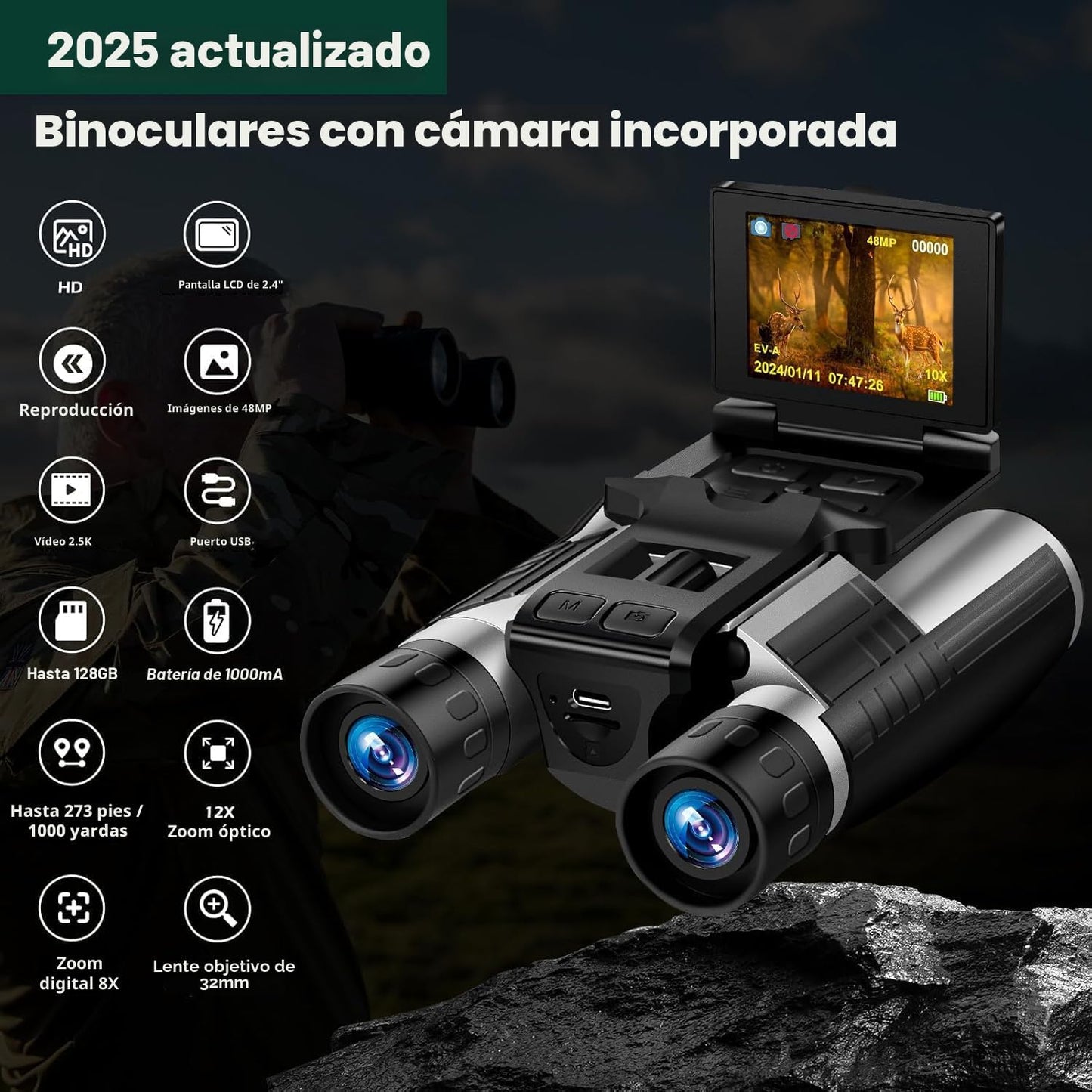 Prismáticos digitales 2 en 1 con cámara, pantalla LCD de 2,4 pulgad...