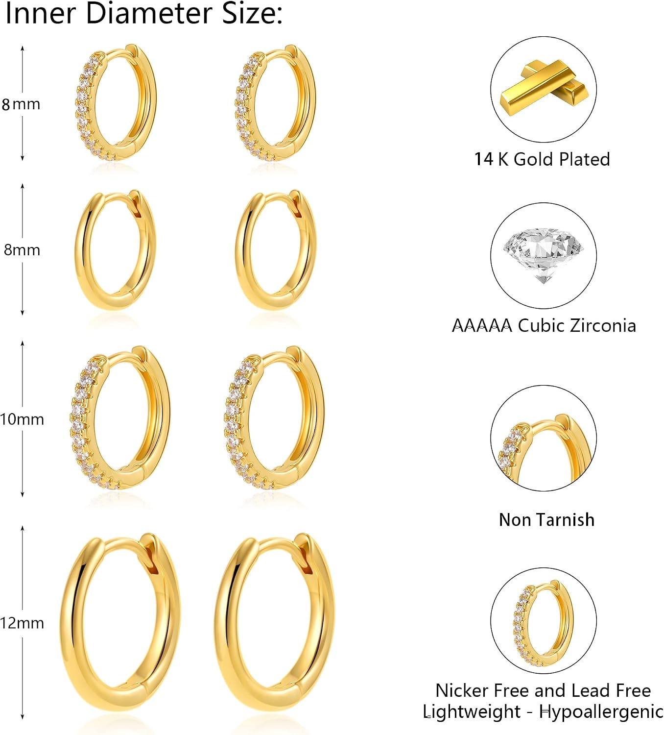 Maxcate Juego de 4 pares de aretes pequeños de aro de oro para muje...