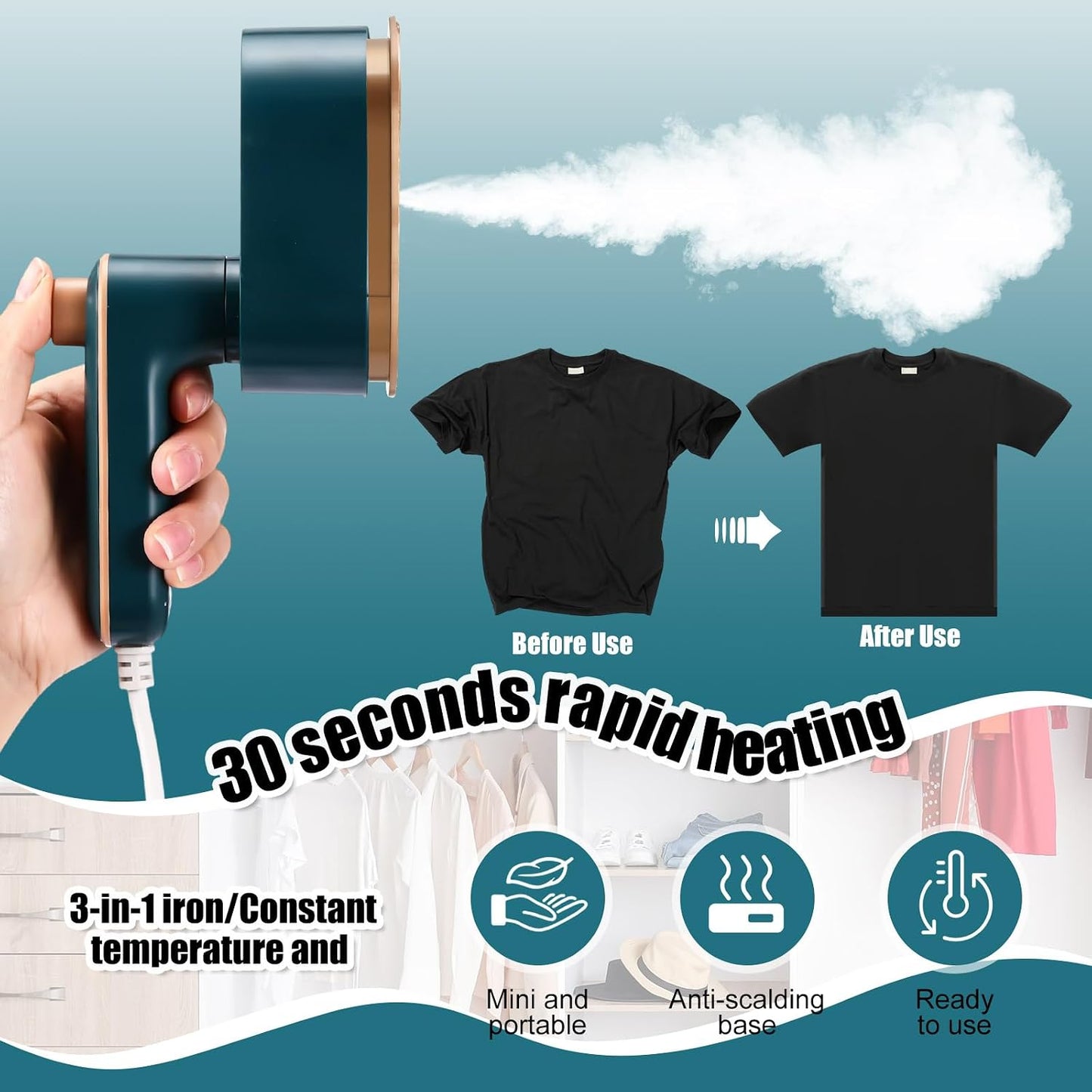 Leriton Mini plancha de viaje portátil para ropa, vaporizador de vi...