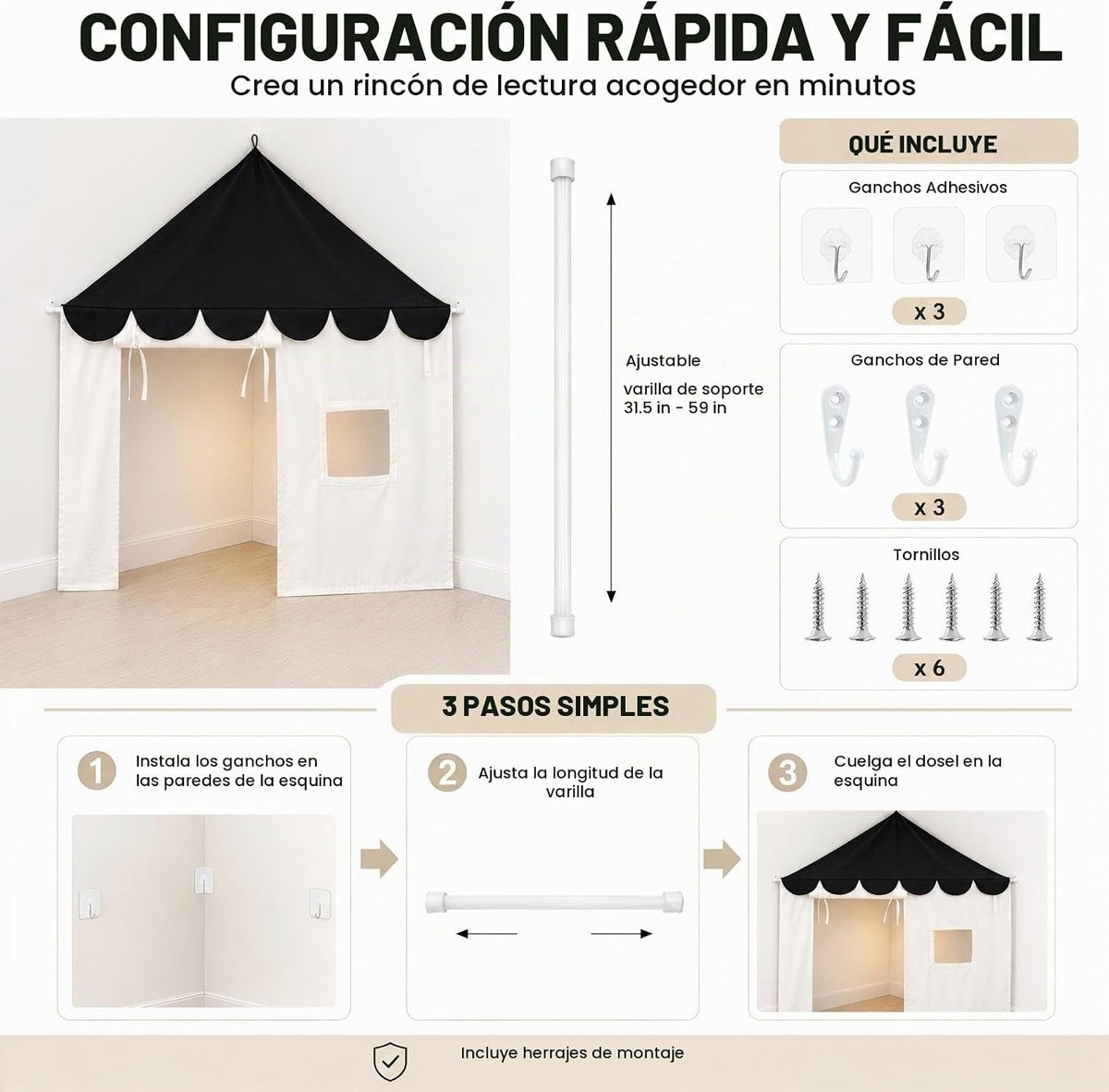 Tienda de campaña de rincón de lectura, gran toldo de esquina de le...