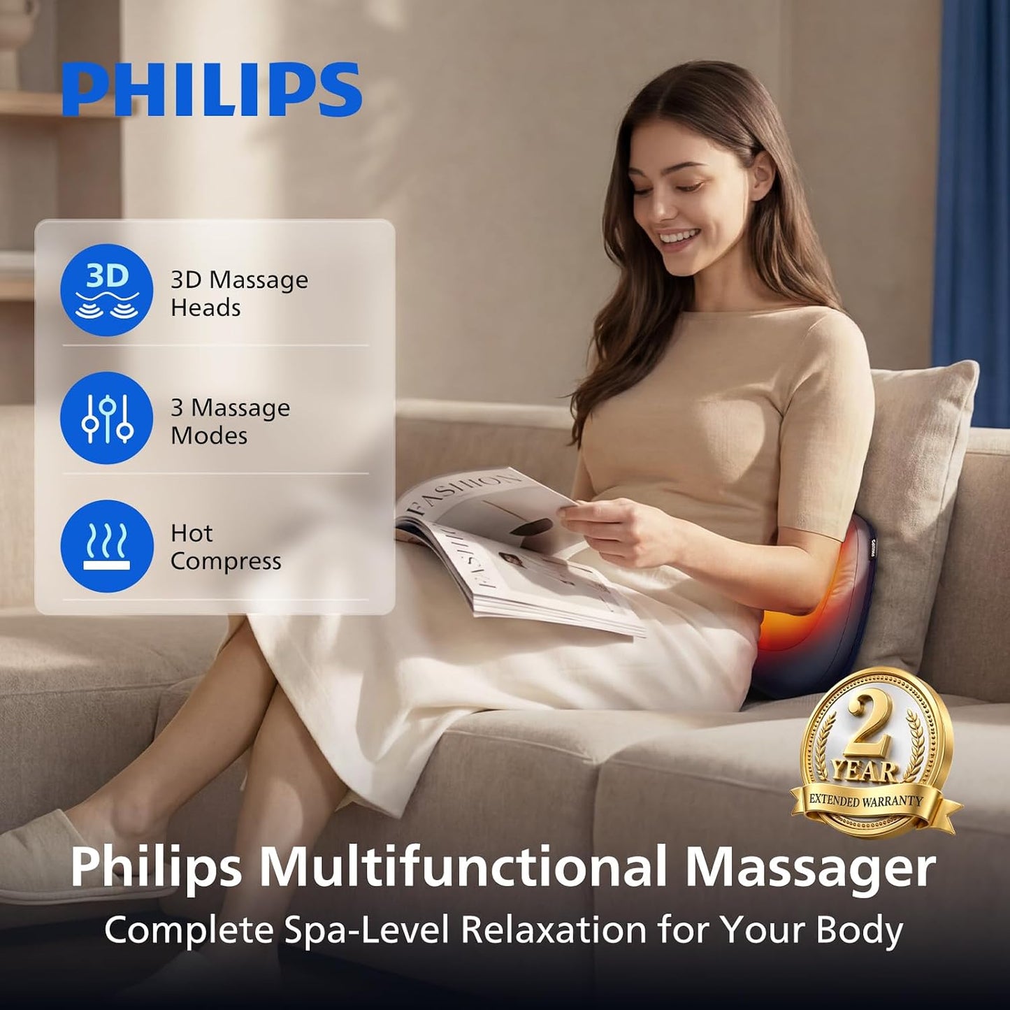 PHILIPS Masajeador de espalda con calor, almohada de masaje de cuel...
