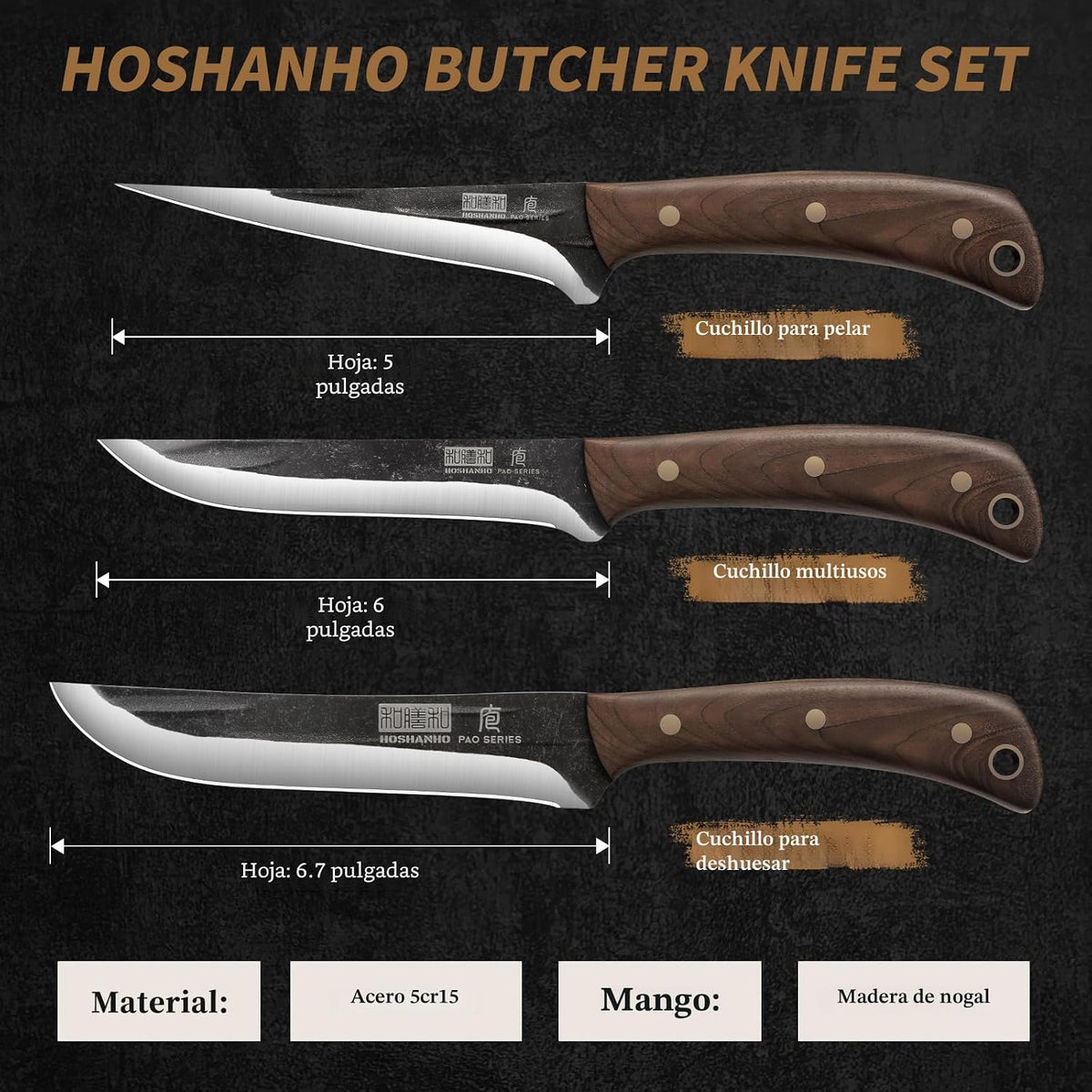HOSHANHO Juego de cuchillos de carnicero, 3 piezas, filete afilado...