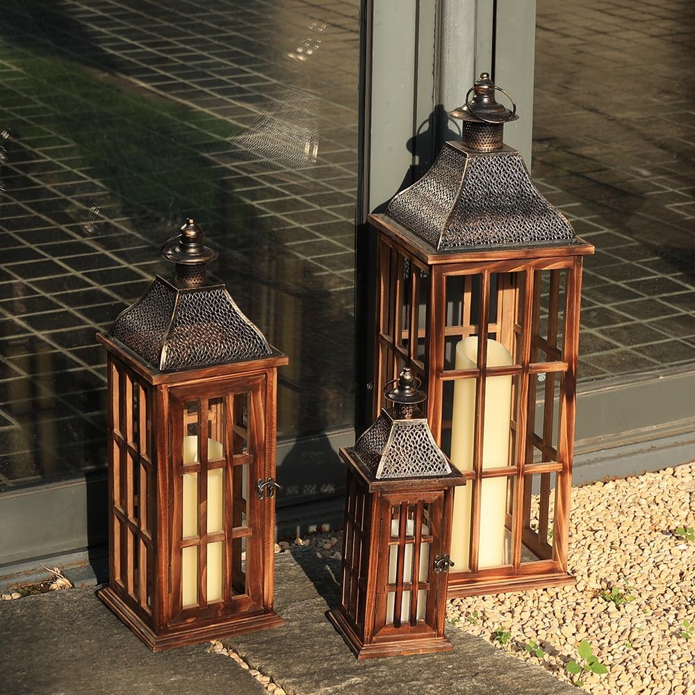 DECORKEY Juego de 3 Faroles Grandes de Madera y Metal Estilo Granja...