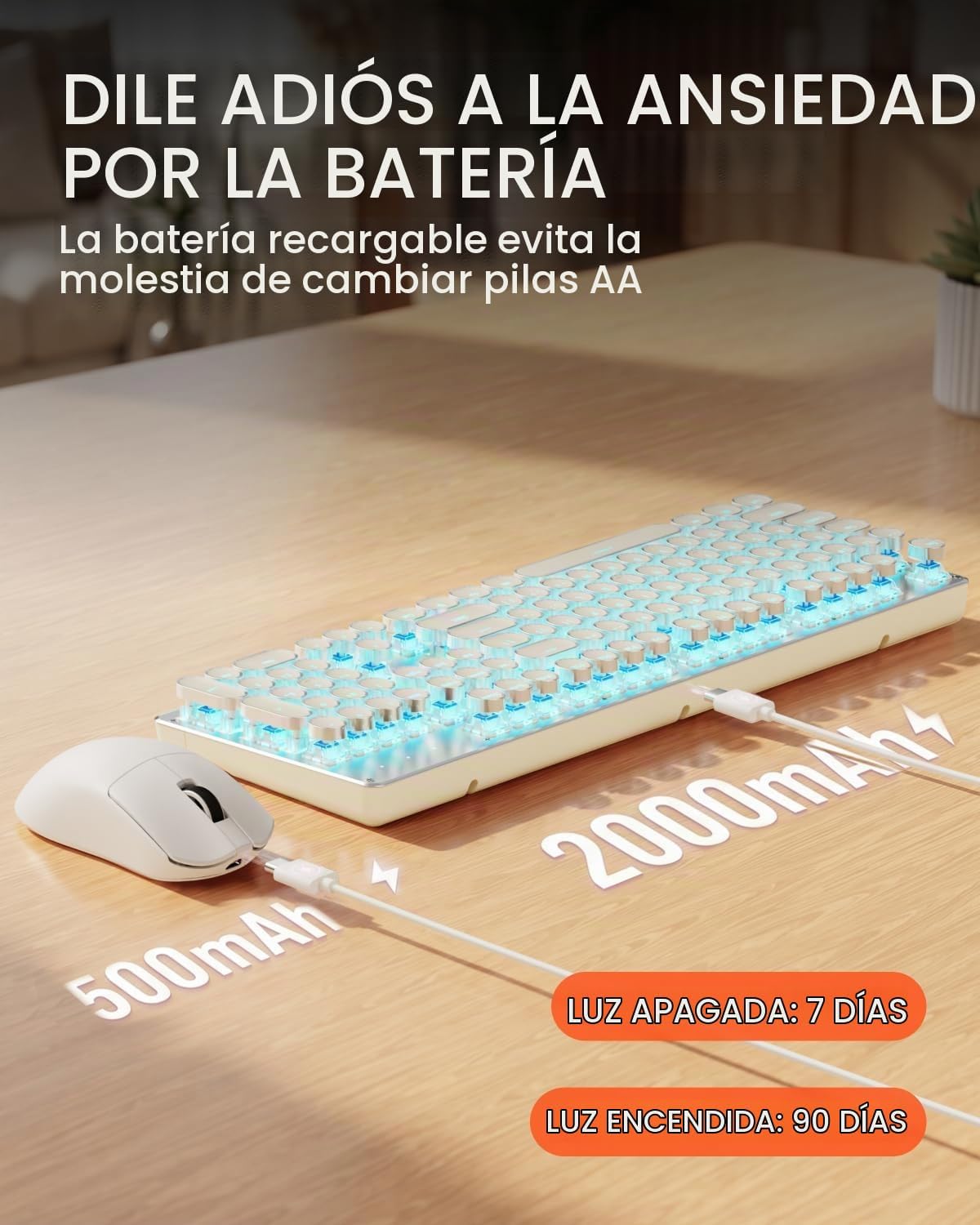 Combo de teclado y mouse inalámbricos, teclado retroiluminado azul...