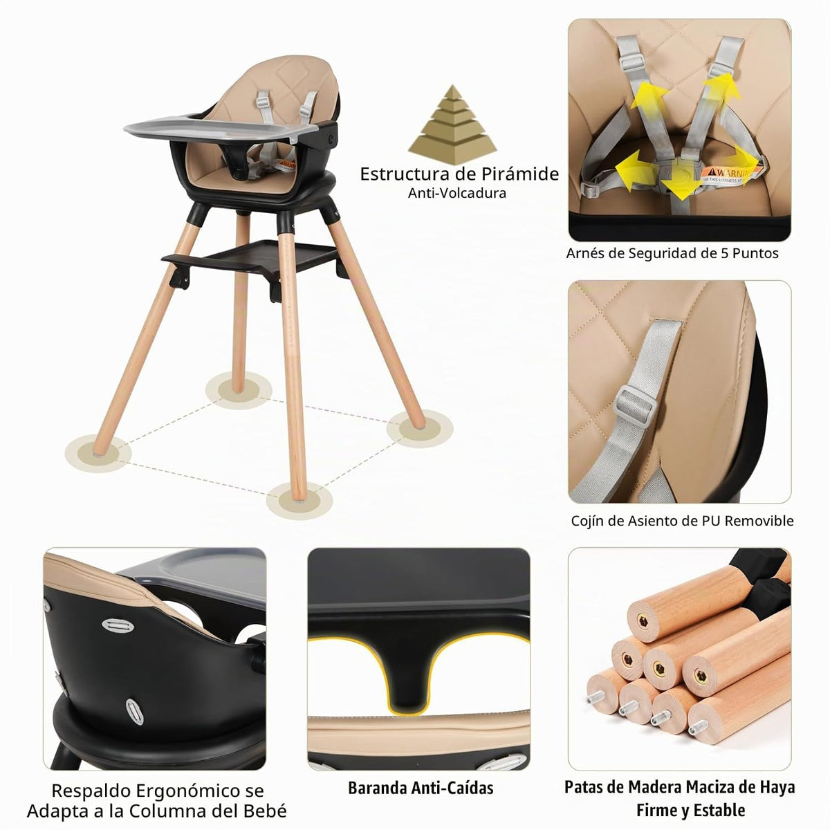 Silla alta para bebé 6 en 1, sillas altas convertibles de madera, c...