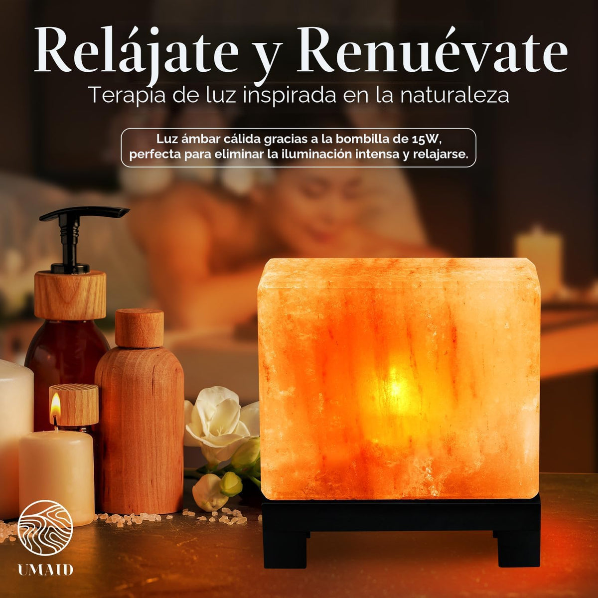 UMAID Lámpara de sal del Himalaya rectangular, lámpara de roca rosa...