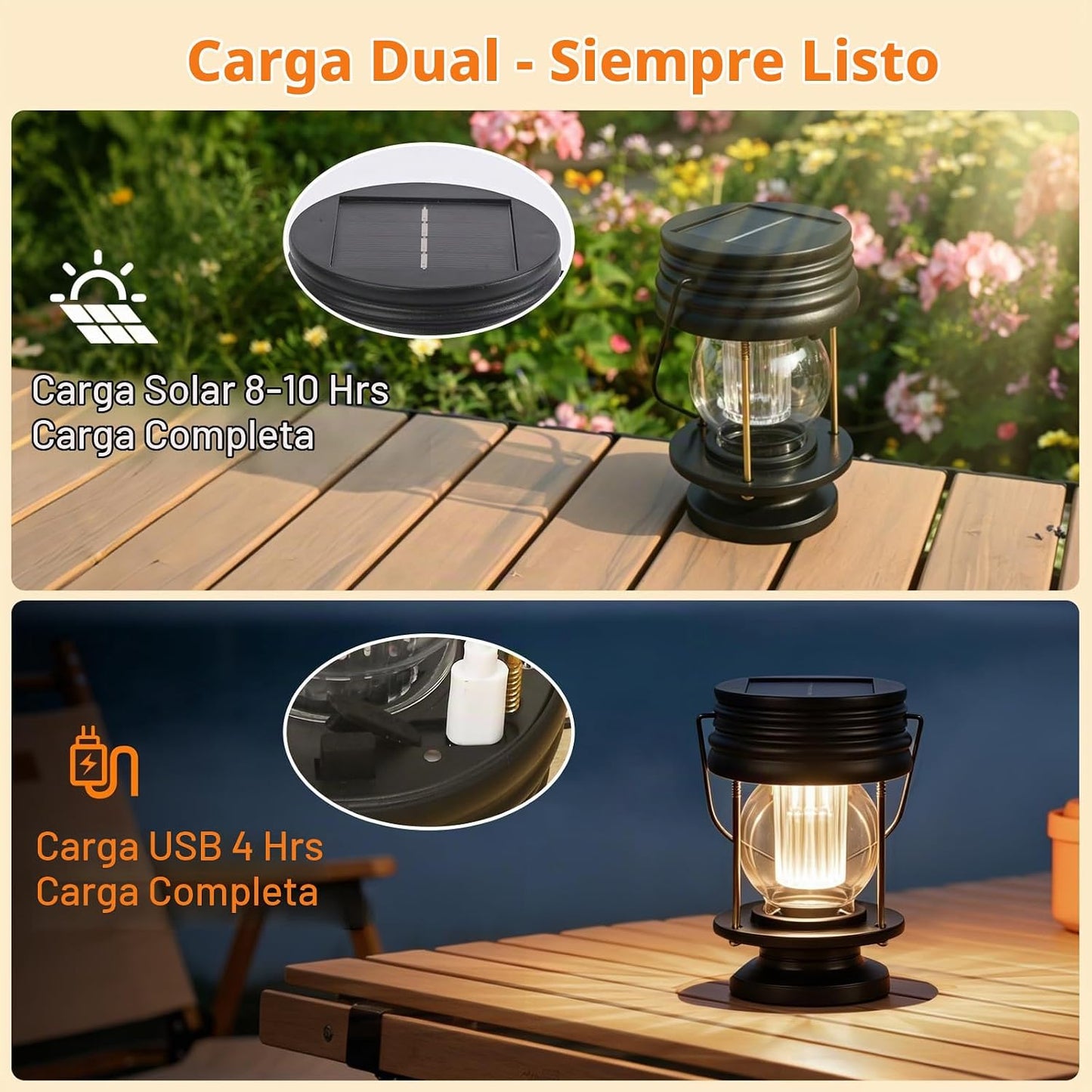Linternas solares, doble carga solar y USB, luces colgantes y de ca...