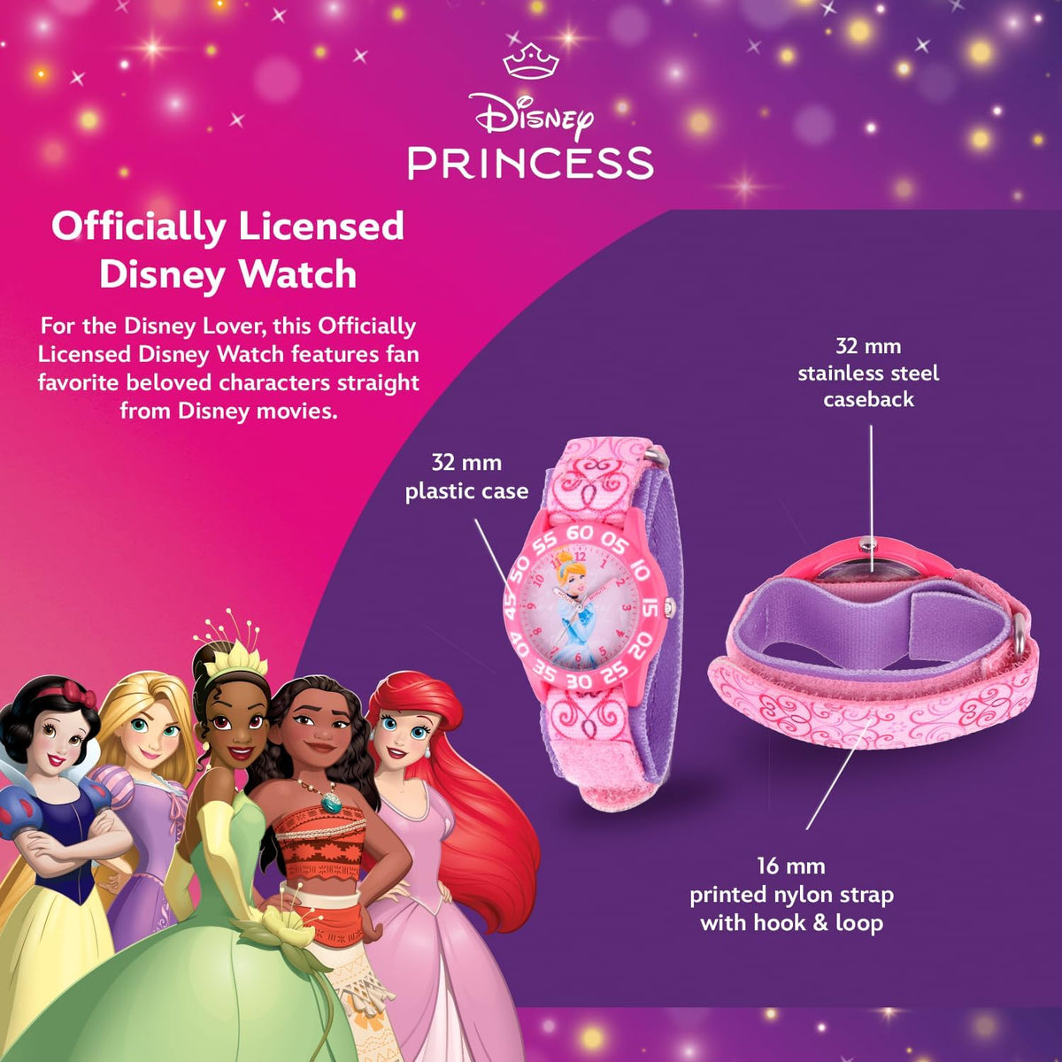 Disney Princess - Reloj analógico de cuarzo con correa de nailon pa...