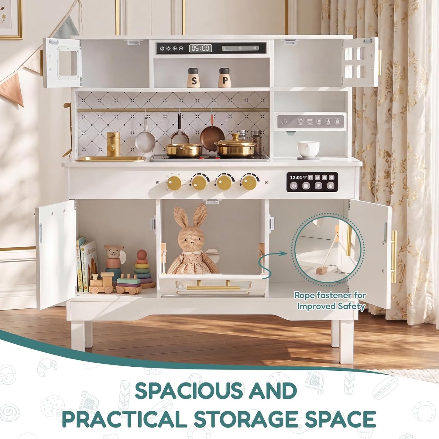 Cocina de madera para niños, moderno juego de cocina blanca con est...