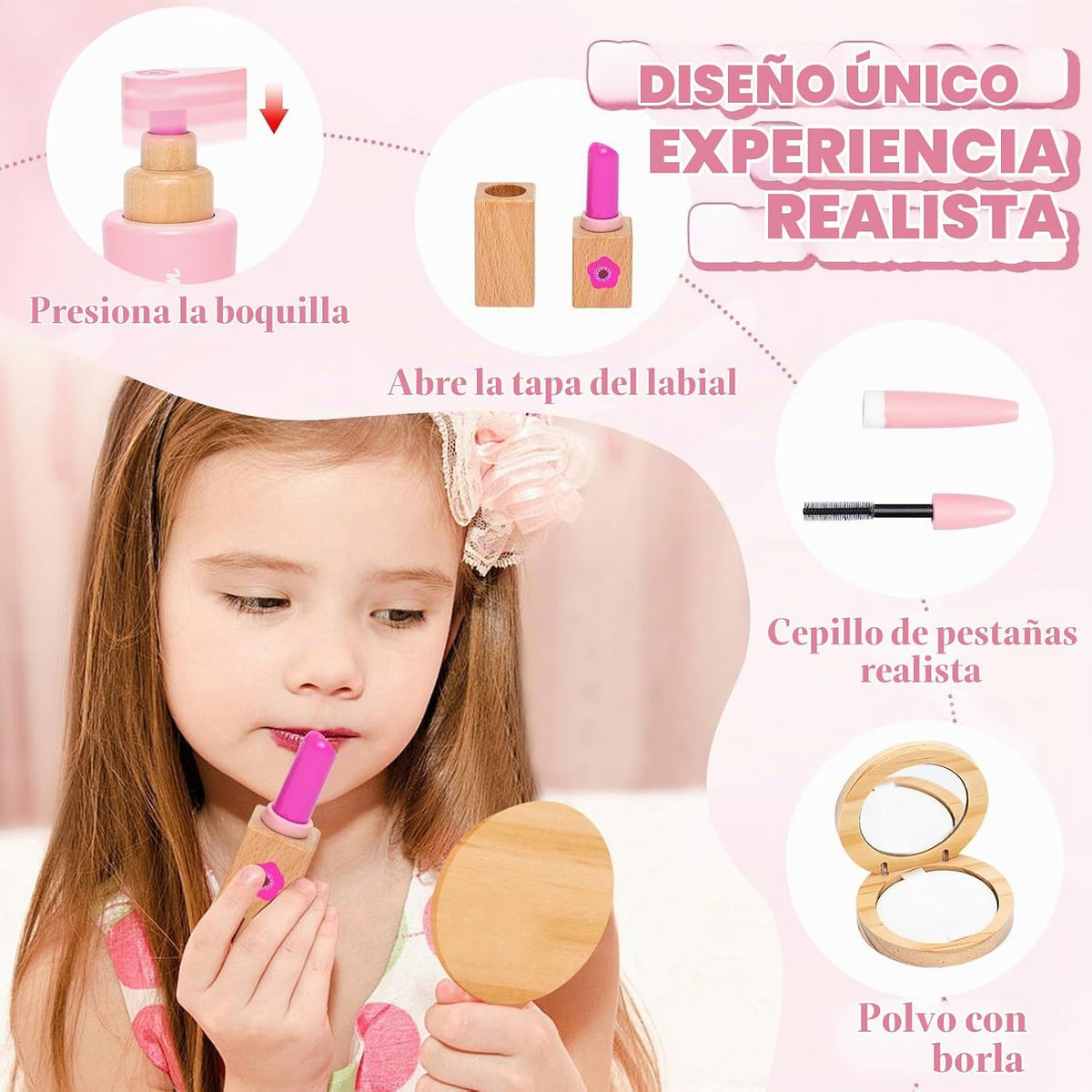 Juego de juguetes de maquillaje de madera para niñas, kit de maquil...