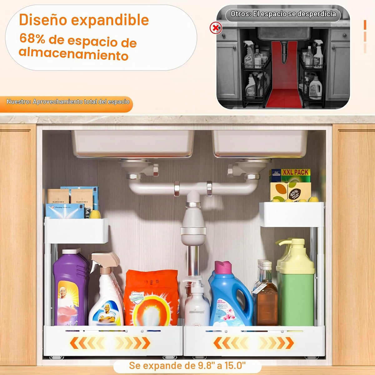 YJHome Paquete de 2 organizadores ampliables para debajo del fregad...