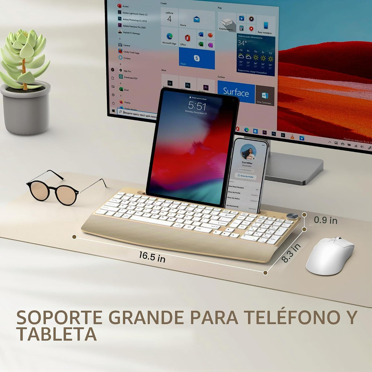 GAMCATZ Juego de teclado y mouse inalámbrico ergonómico con reposa...