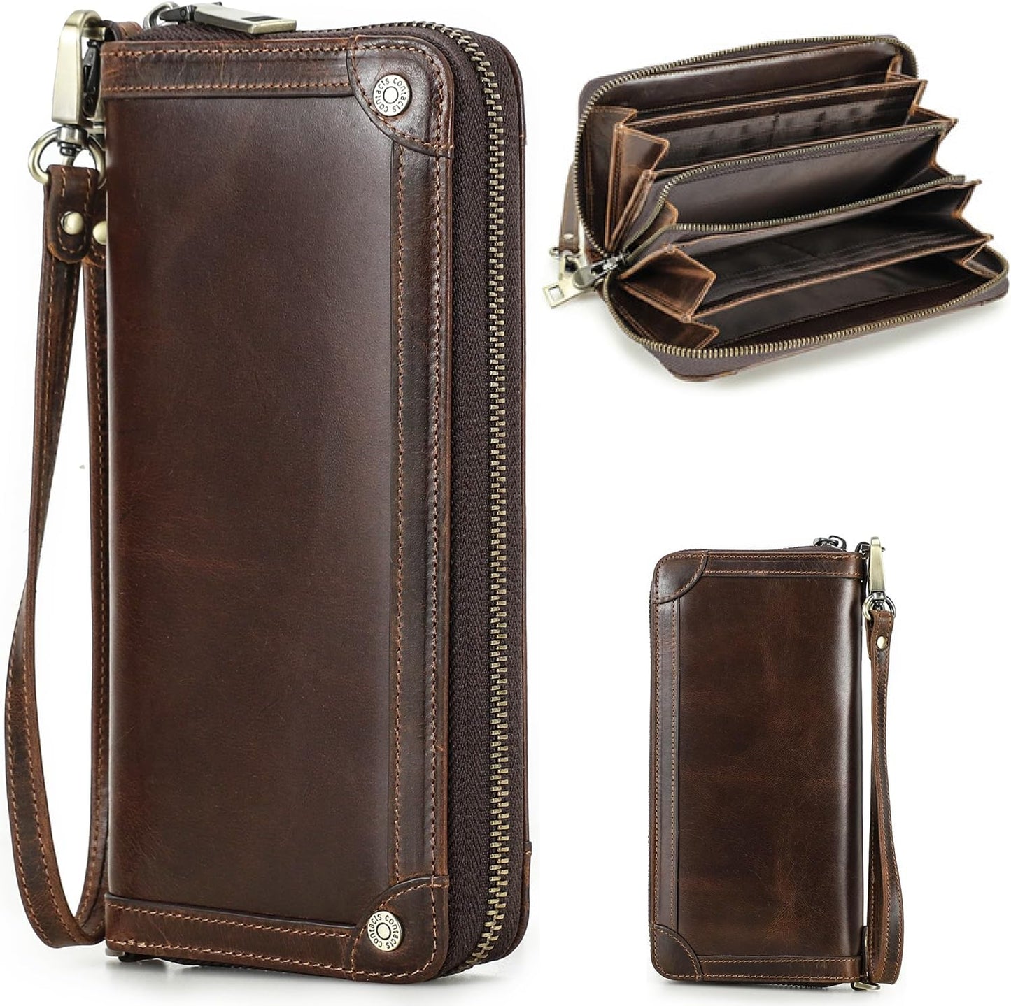 Cartera de mano de piel auténtica aceitada de grano superior para h...