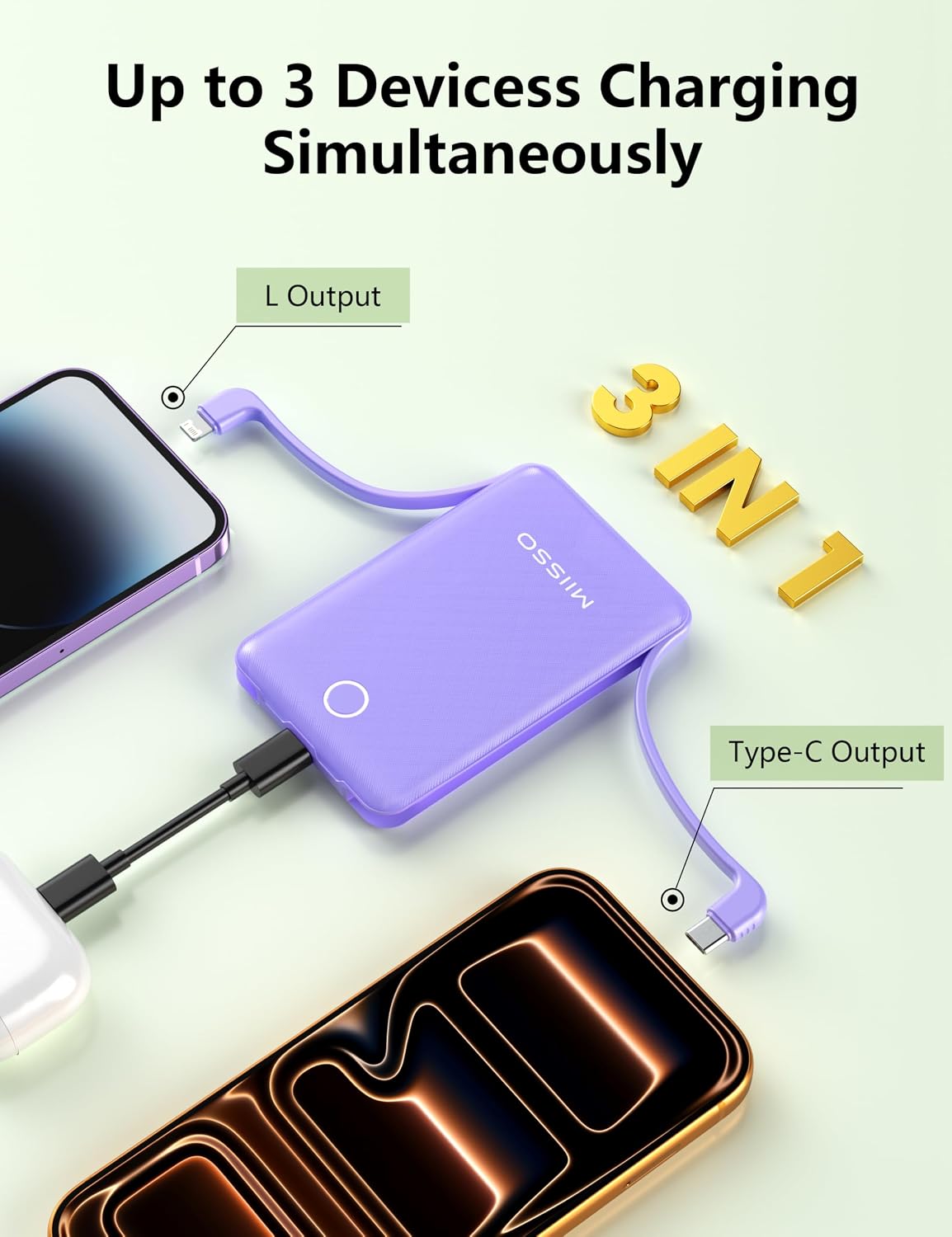 miisso Cargador Portátil Mini de 10000mAh con Cable Integrado, Powe...