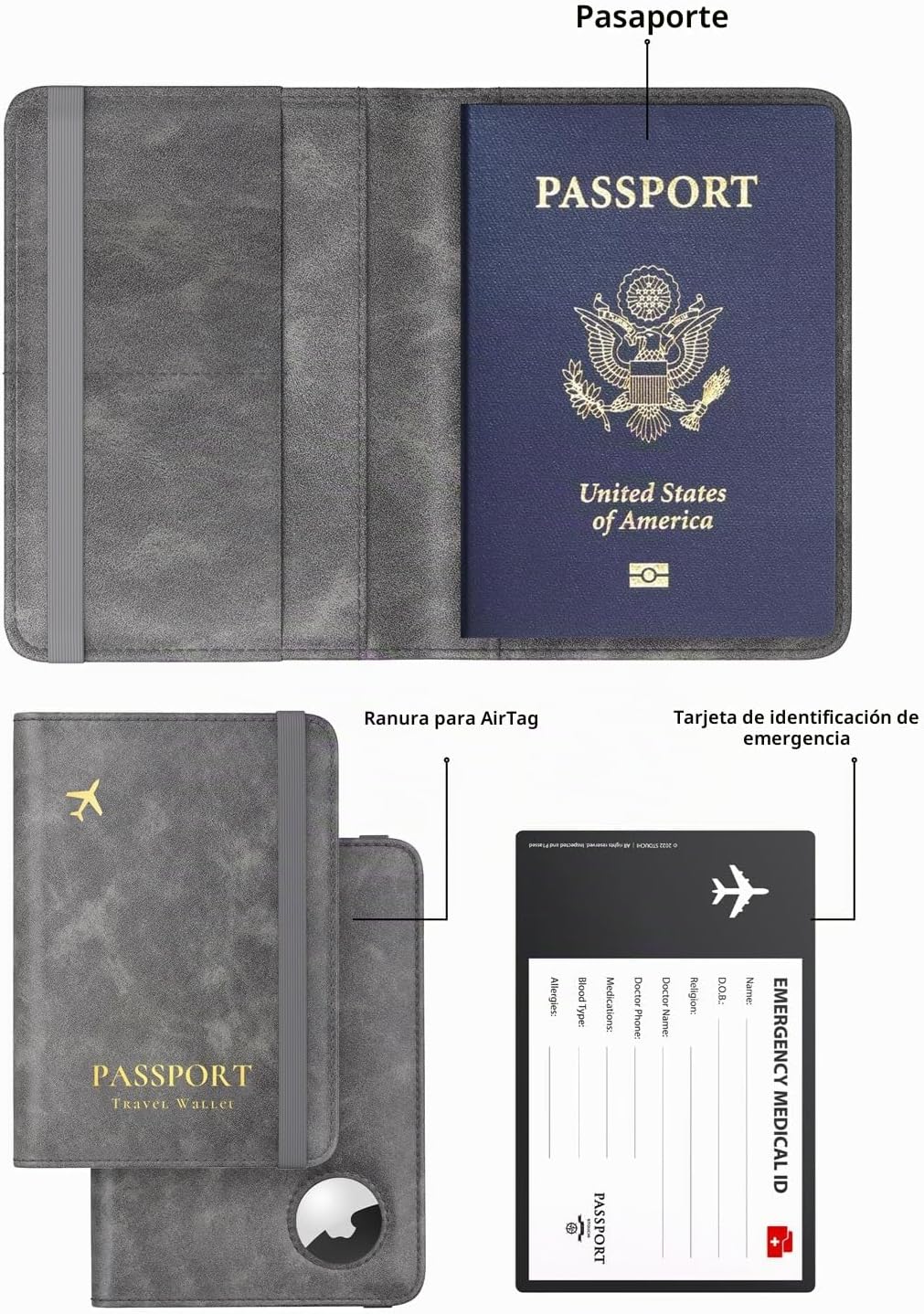 Stouchi Porta Pasaporte AirTag, Gris | Piel sintética ultradelgada...