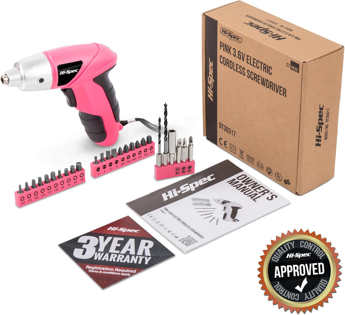 Hi-Spec Destornillador eléctrico 27pc 3.6V rosa USB pequeño juego d...
