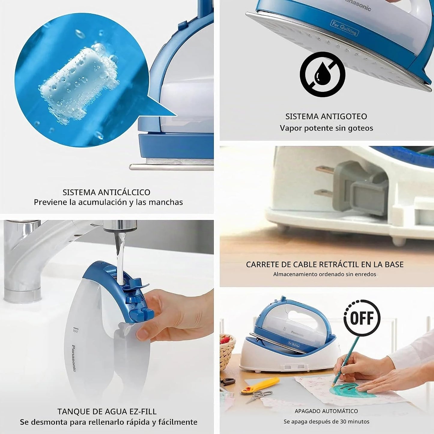 Panasonic - Plancha inalámbrica NI-QL1000A, seca y al vapor, azul |...