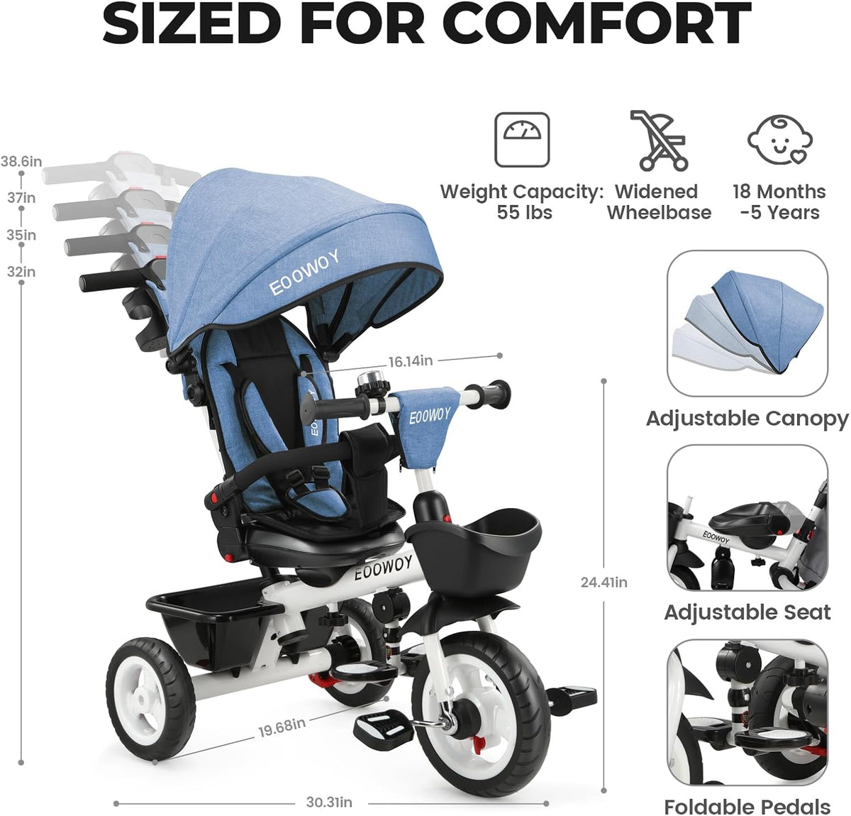 EOOWOY Triciclo para niños pequeños con mango de empuje, Cochecito...