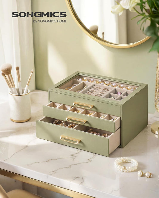 SONGMICS Joyero de 3 capas con ventana de cristal, organizador de a...