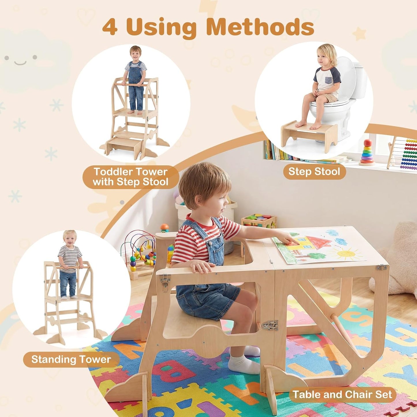 Costzon Torre convertible para niños, mesa y silla de madera para n...