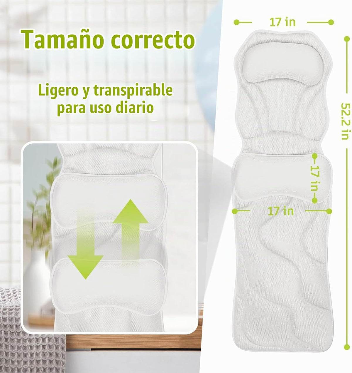 Bathland Almohada de baño de cuerpo completo para bañera, almohada...