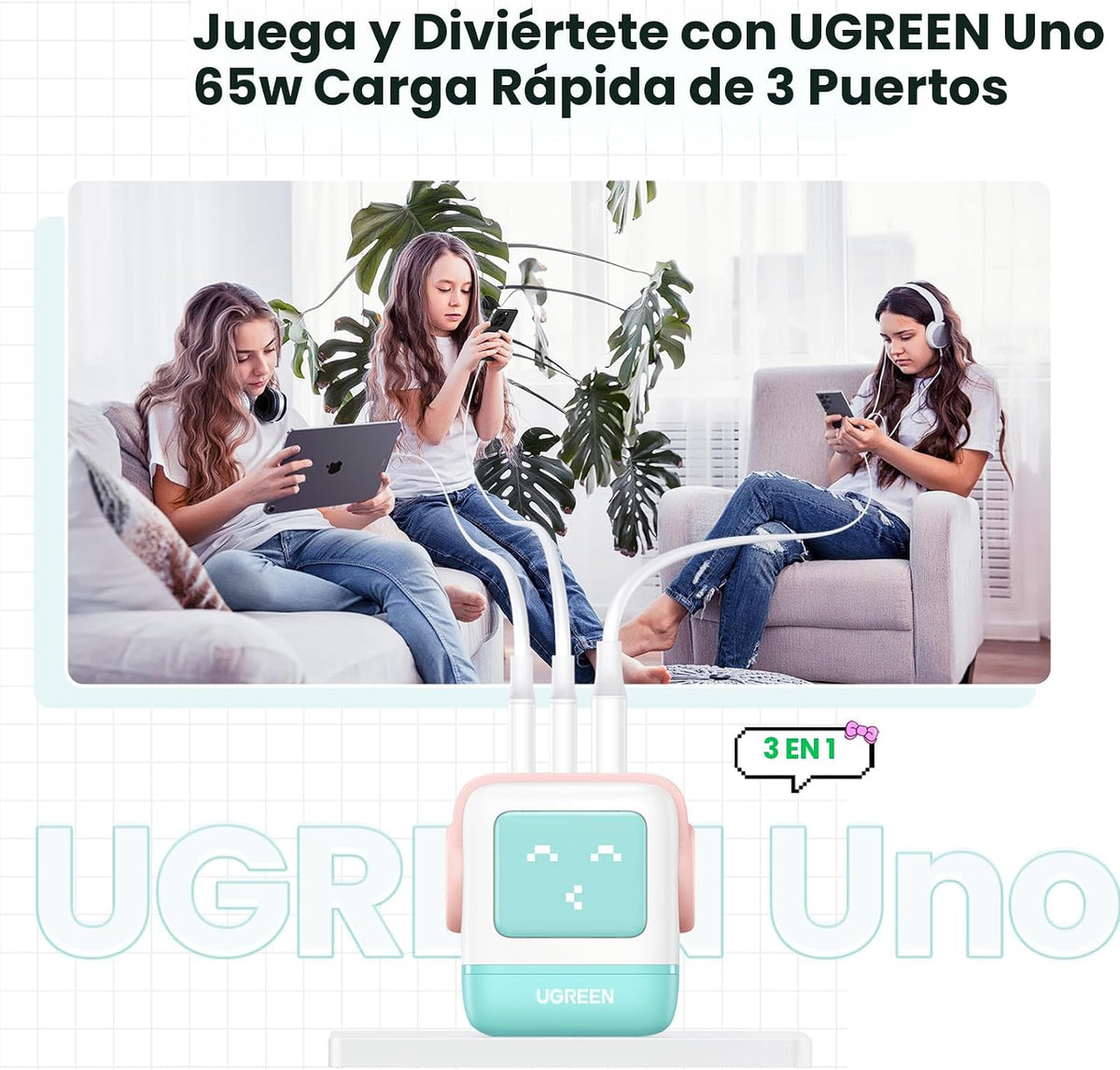 UGREEN Uno - Bloque de cargador USB C de 65 W, cargador GaN de 3 pu...