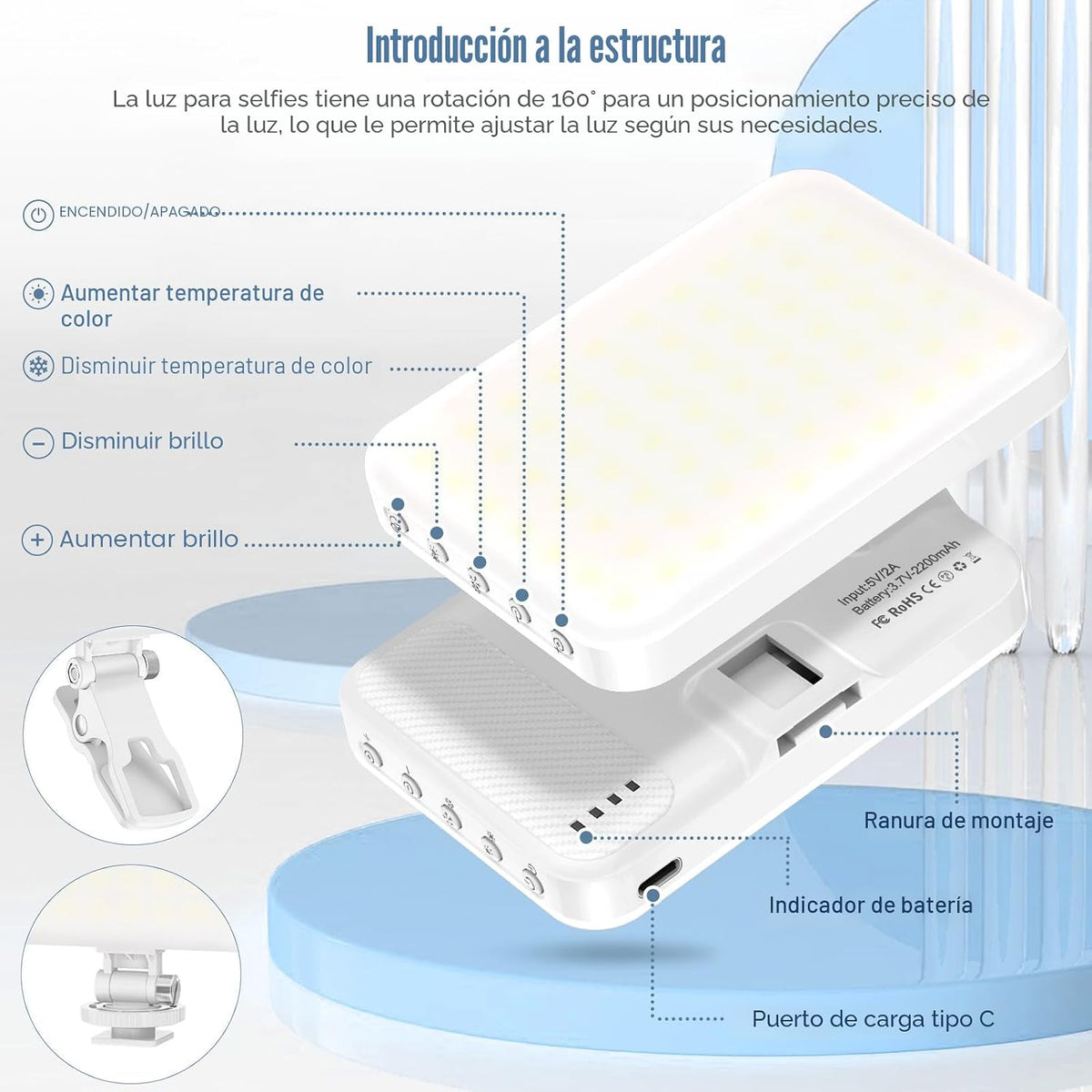 ALTSON 60 LED Luz portátil para selfie con clip y adaptador de tríp...