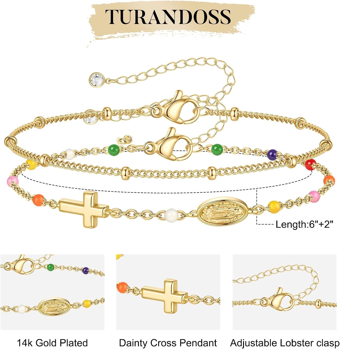 Turandoss Pulsera de cruz para mujer, chapada en oro de 14 quilates...