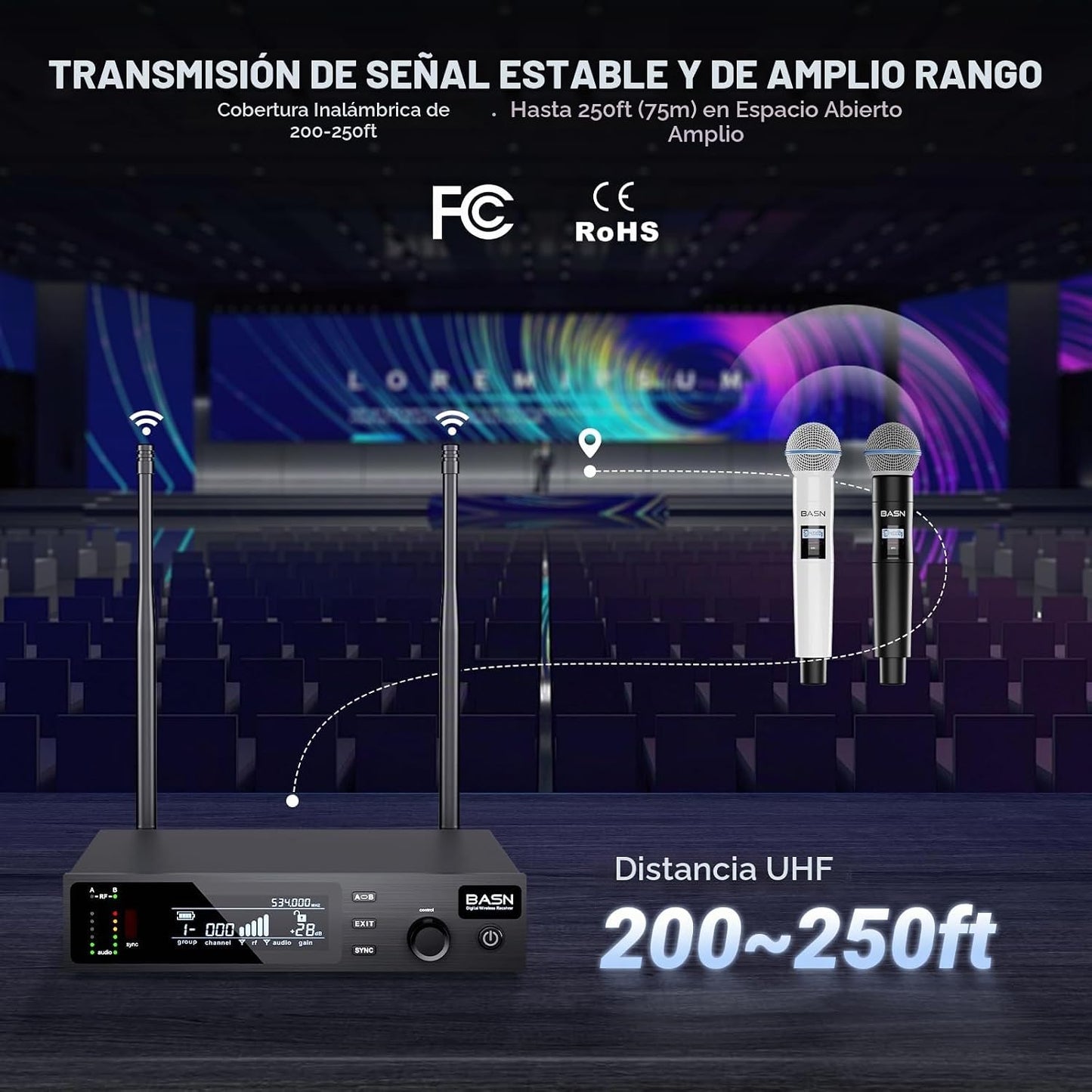 BASN UHF Sistema de micrófono inalámbrico de mano de doble canal (n...