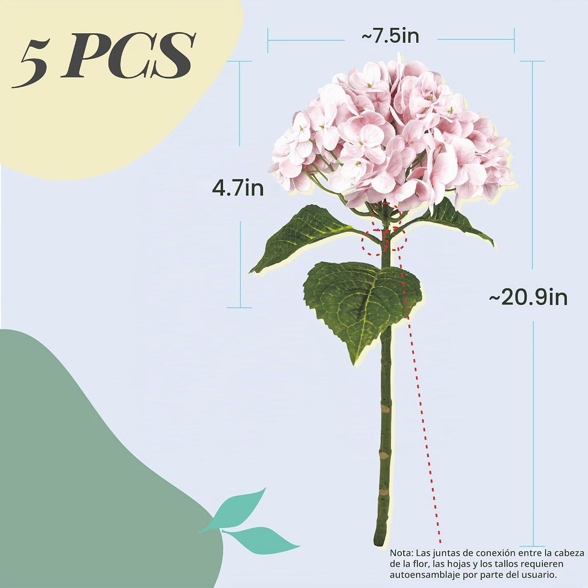 Yatim Hortensias artificiales rosas de 21 pulgadas con tallos 5 pie...