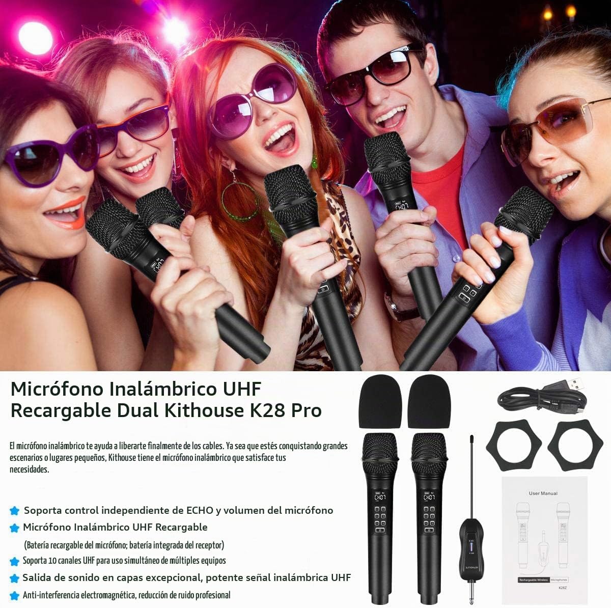 Kithouse K28 Micrófono inalámbrico recargable para karaoke con cont...