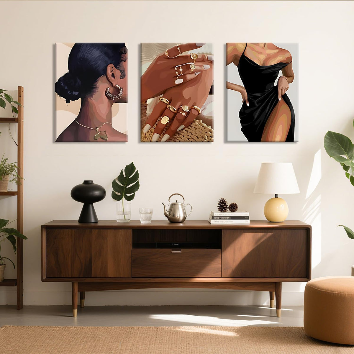 Elegante Arte de Pared de Mujer Negra Juego de 3, Pintura Abstracta...