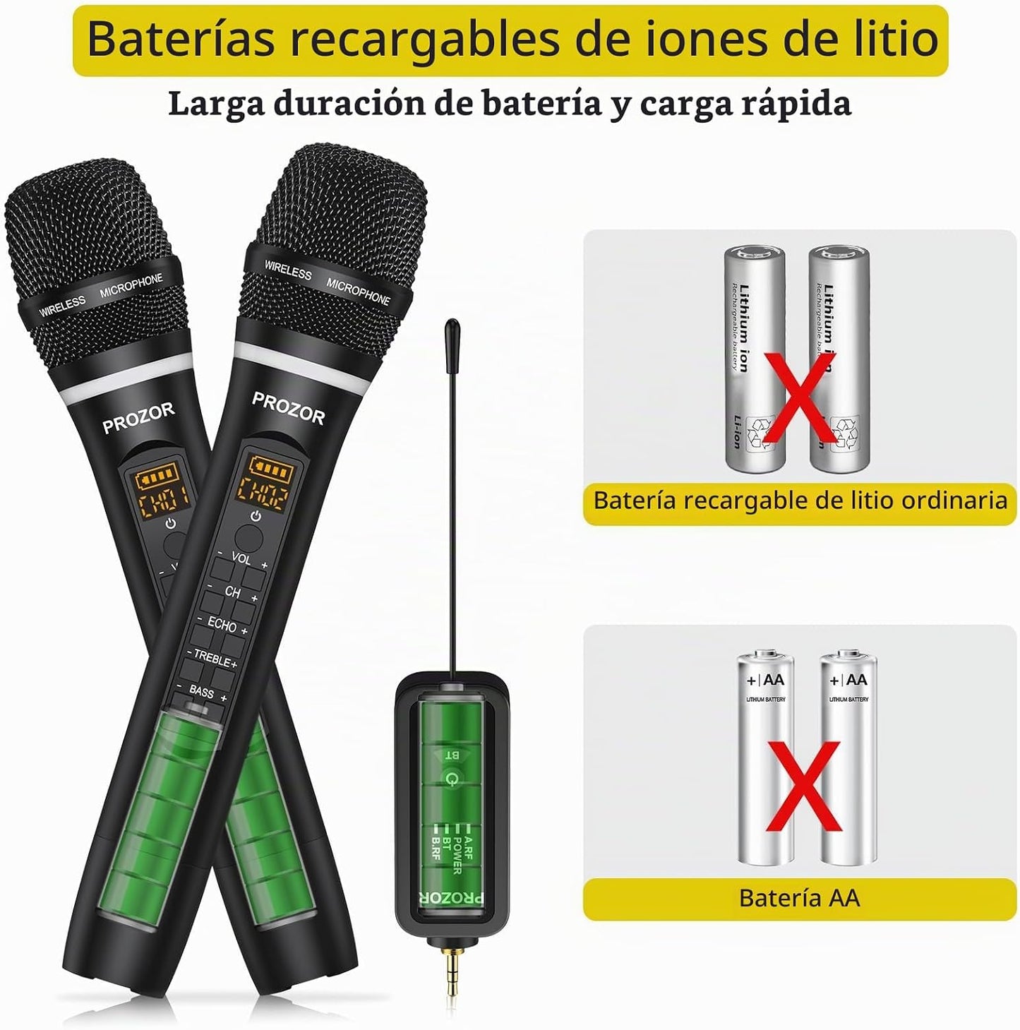 PROZOR Micrófono inalámbrico UHF con control de eco de graves agudo...