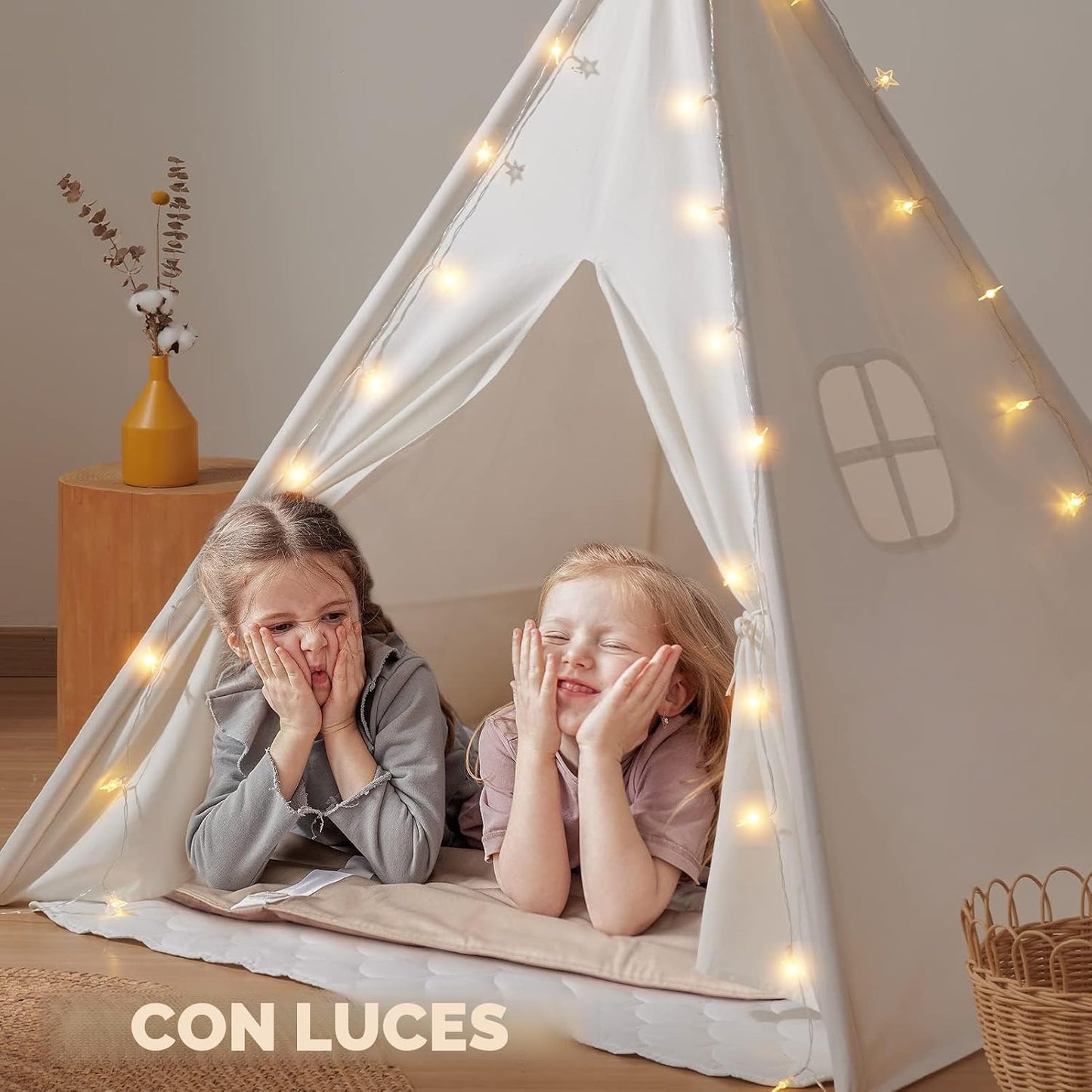 Tienda tipi de lona blanca para juegos infantiles con alfombrilla d...