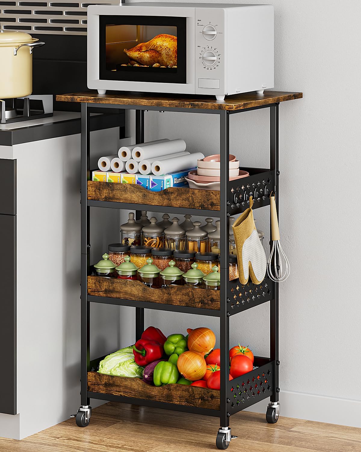 Giwil Carrito de cocina rodante de 4 niveles, soporte para microond...