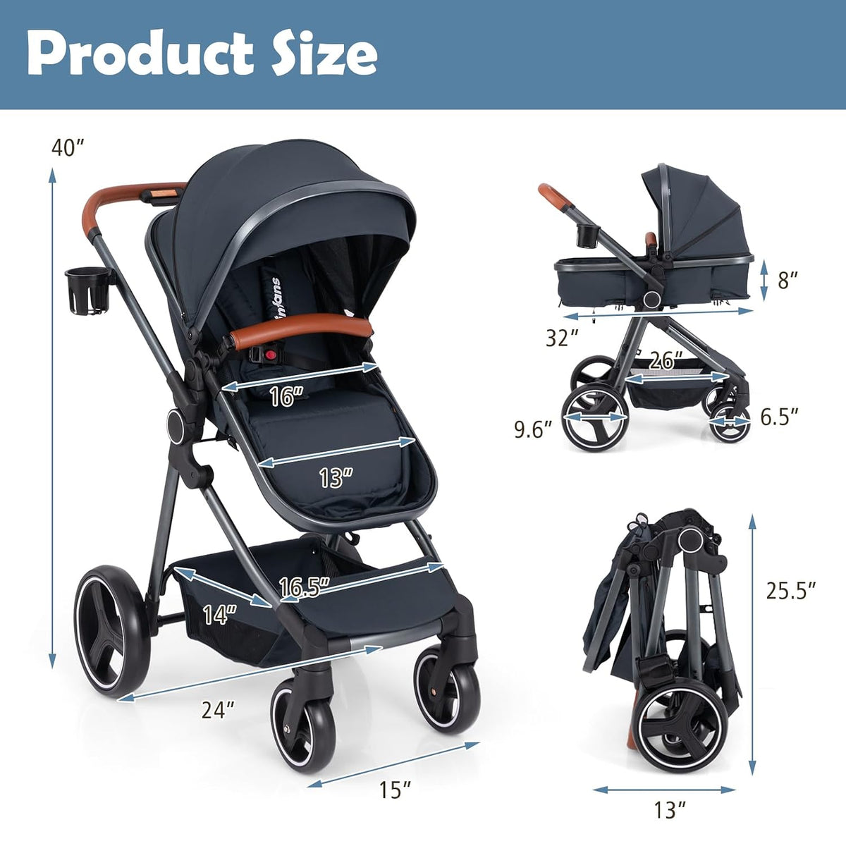 INFANS Cochecito de bebé 2 en 1, plegable de alta absorción de impa...