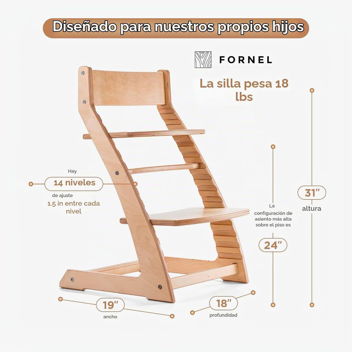 FORNEL Silla alta de madera para bebés y niños pequeños, altura aju...