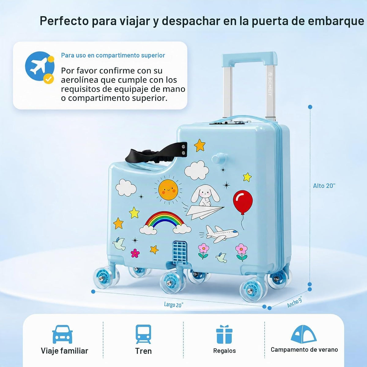 REMEIT Maleta de paseo para niños, equipaje de paseo con ruedas, ma...