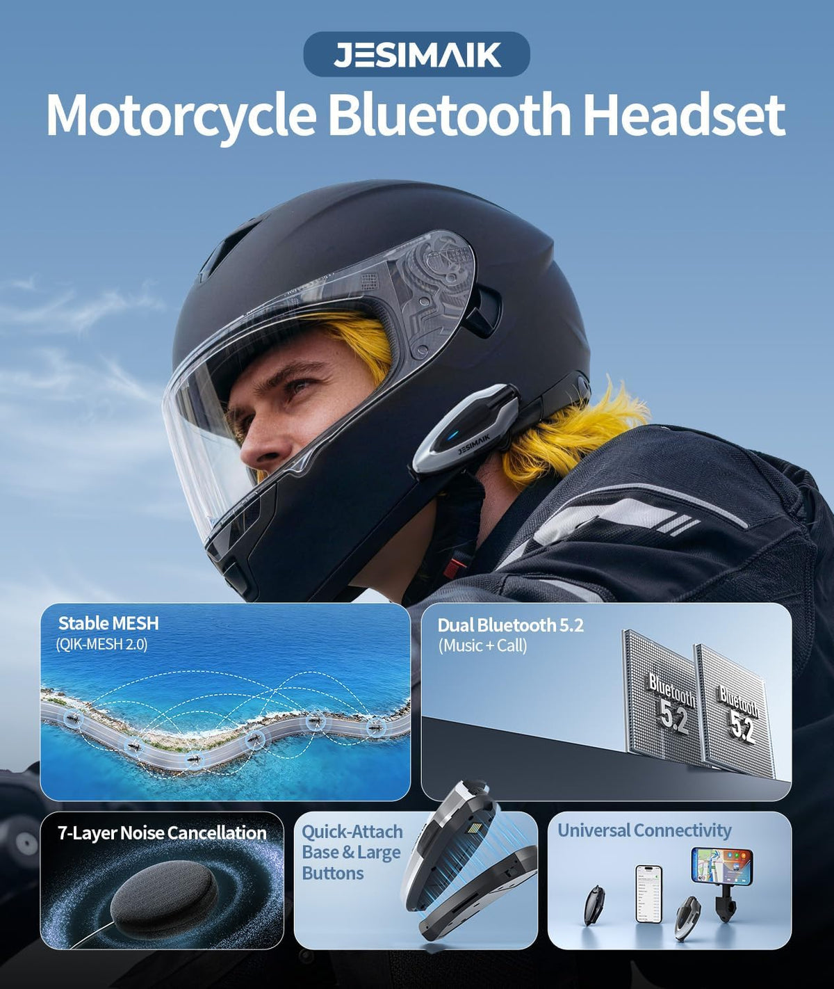 JESIMAIK Auriculares Bluetooth H6 para casco de motocicleta, sistem...