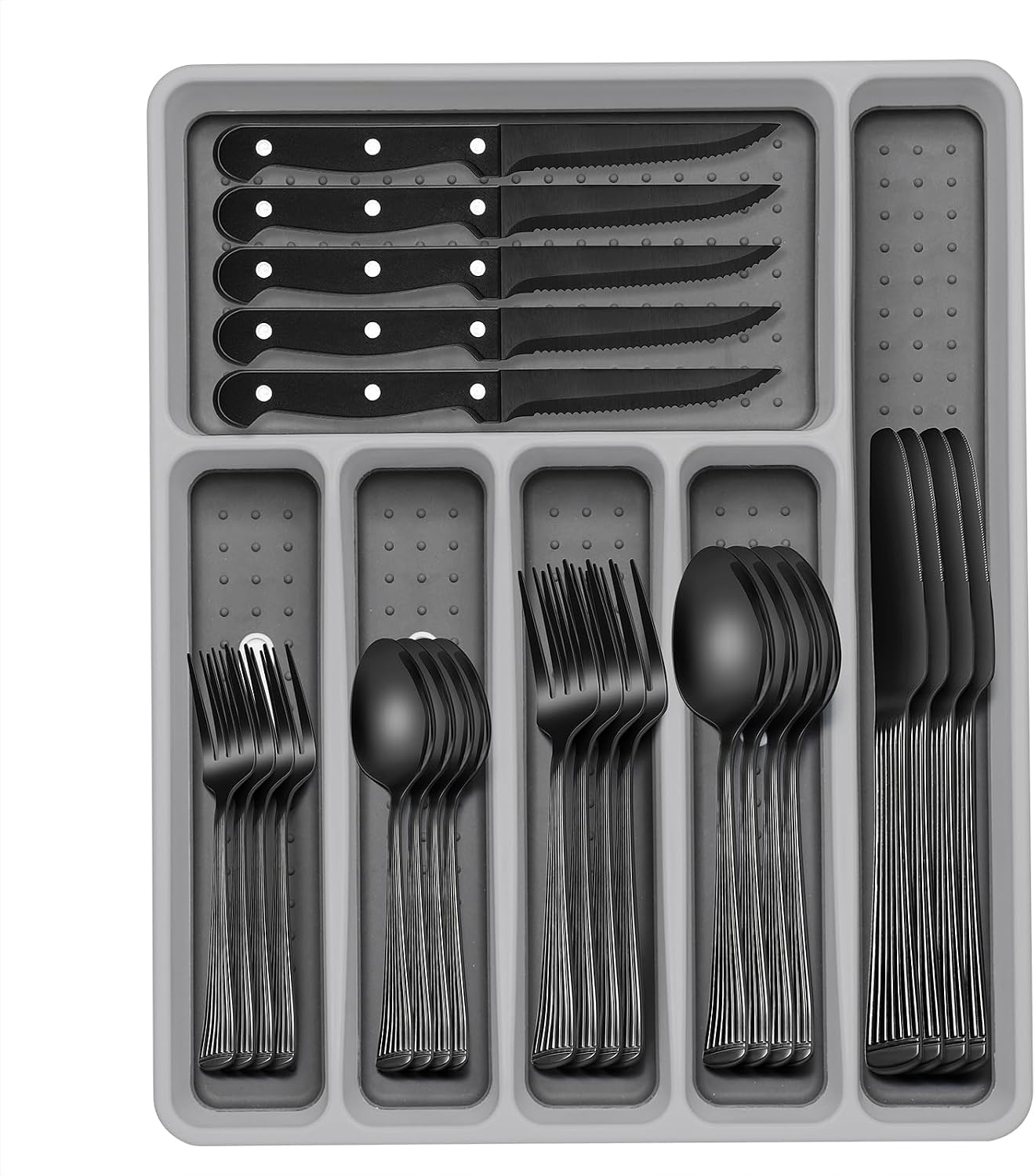 Juego de cubiertos negros de 49 piezas con organizador, cubiertos n...