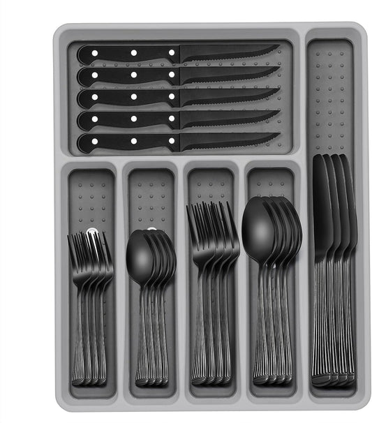 Juego de cubiertos negros de 49 piezas con organizador, cubiertos n...