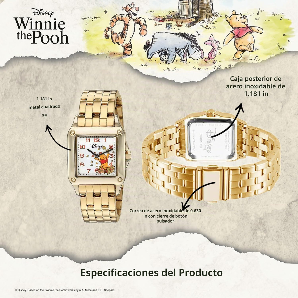 Disney Reloj clásico de Winnie The Pooh para mujer con esfera cuadr...