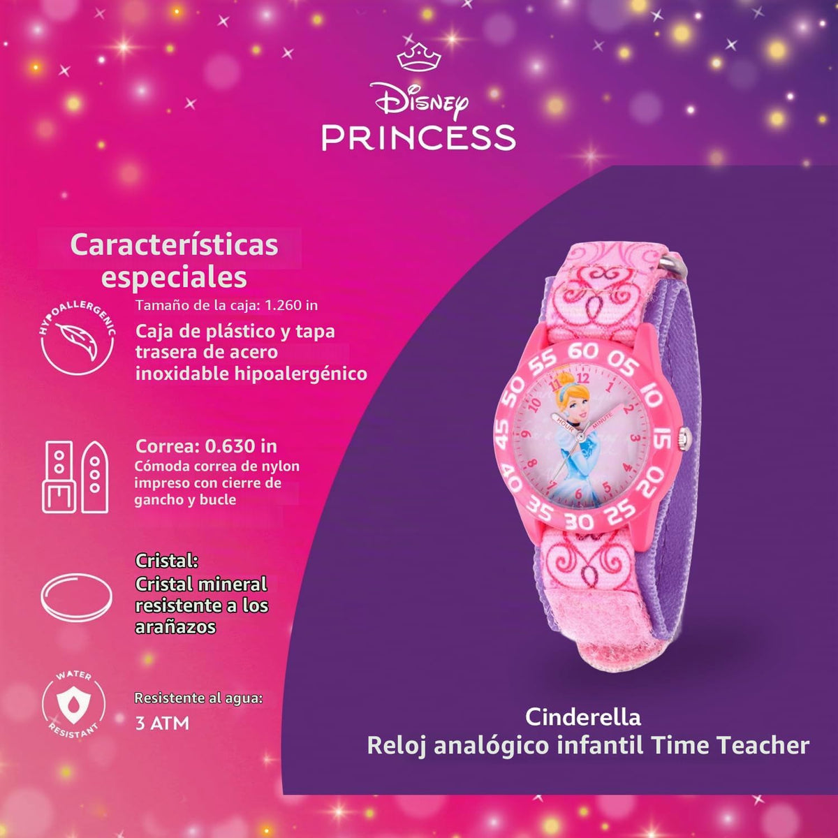 Disney Princess - Reloj analógico de cuarzo con correa de nailon pa...