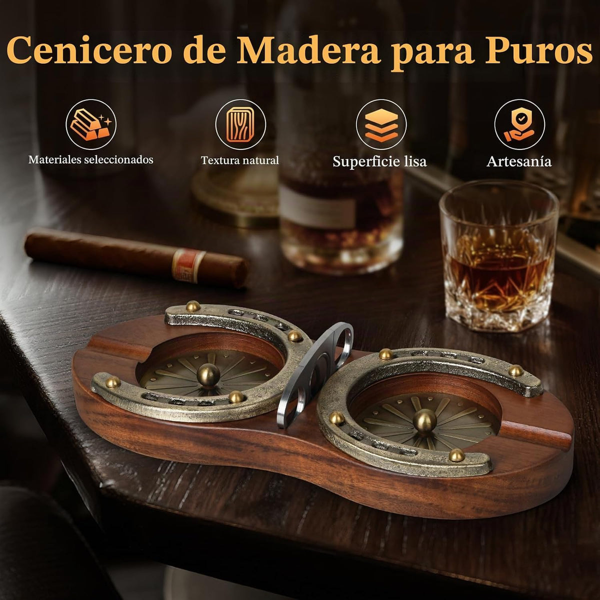 SEMKONT Cenicero de puros, cenicero doble de madera de herradura co...