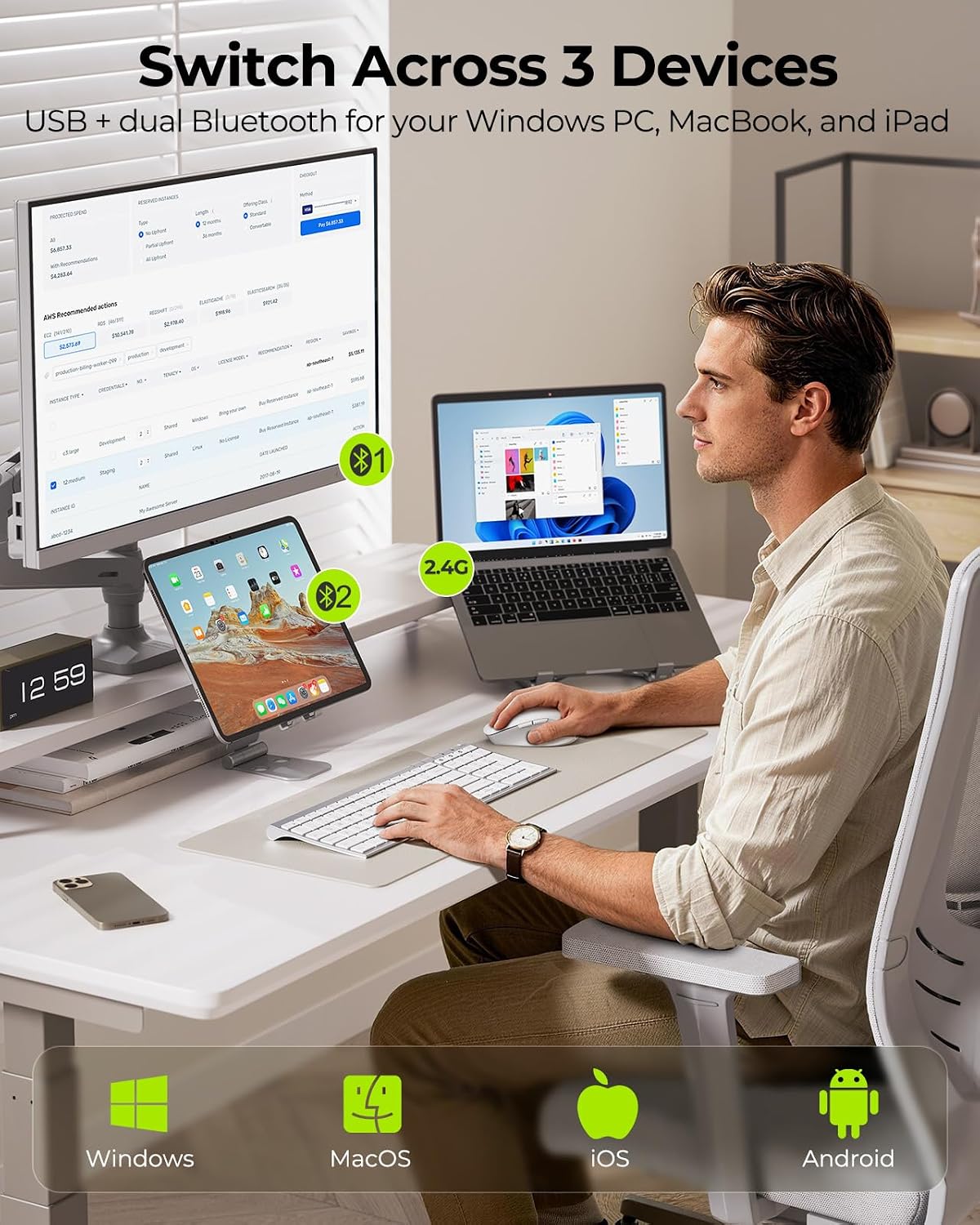 seenda COE401 - Combo de teclado y mouse Bluetooth, recargable, col...