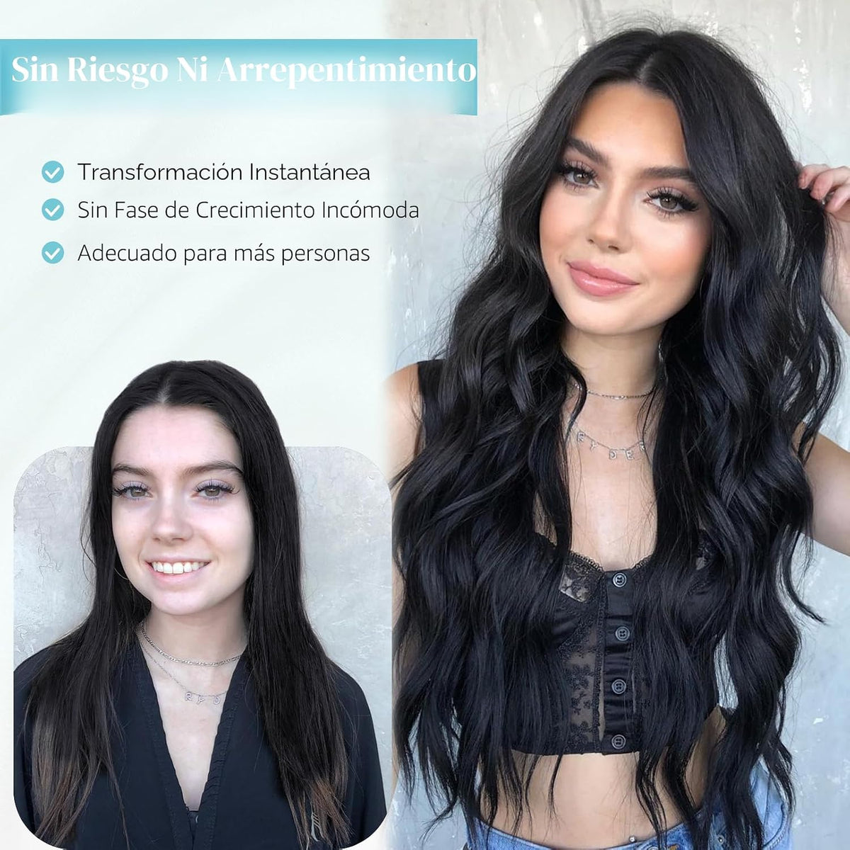 AISI HAIR - Peluca negra para mujer, peluca larga ondulada con raya...