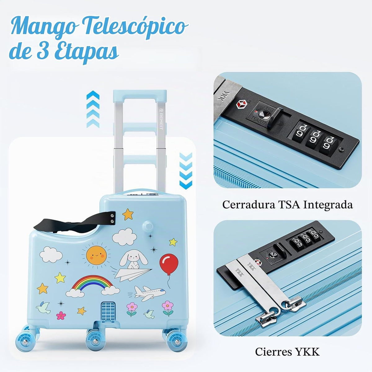 REMEIT Maleta de paseo para niños, equipaje de paseo con ruedas, ma...