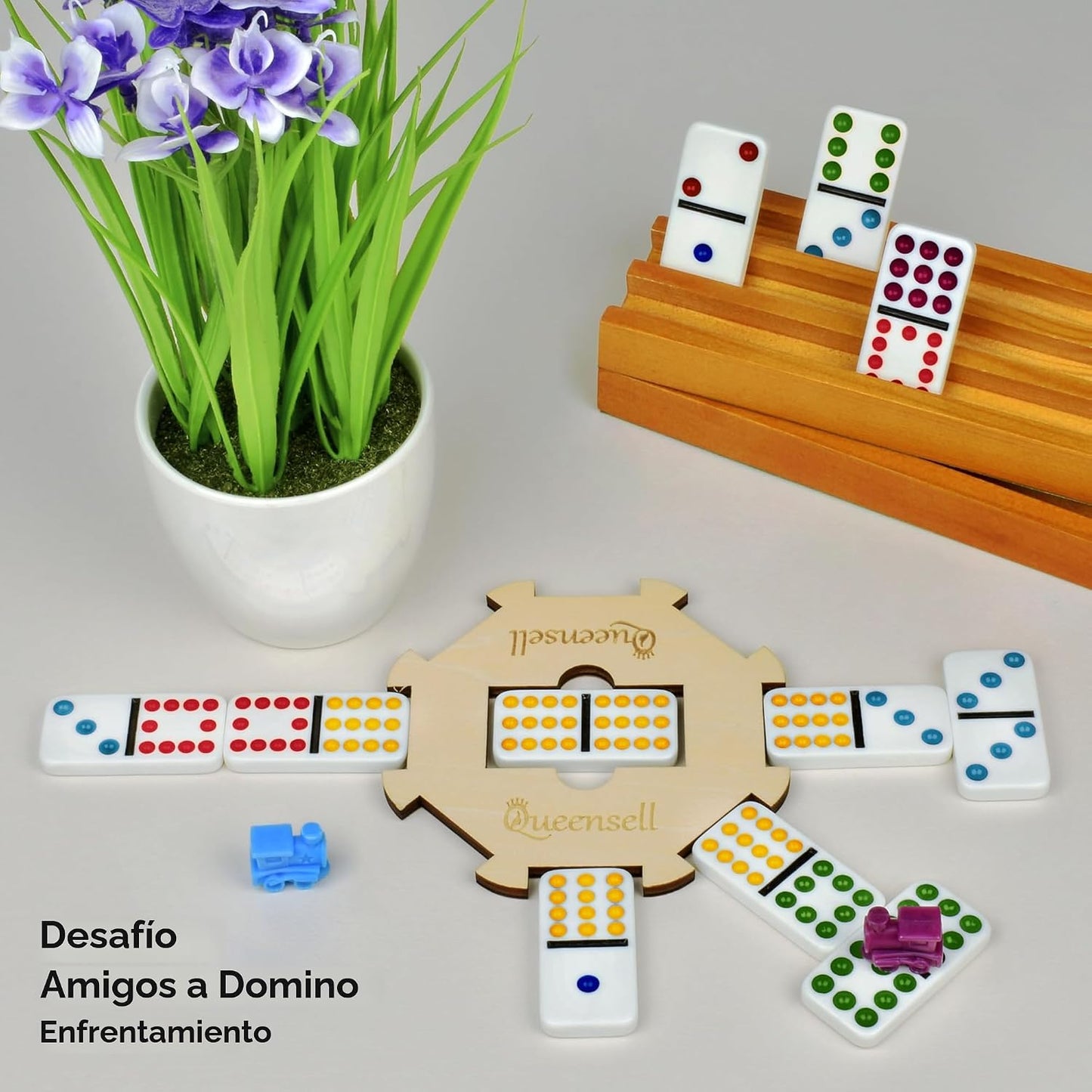 Queensell Juego de dominó de tren mexicano con cubo de madera, jueg...